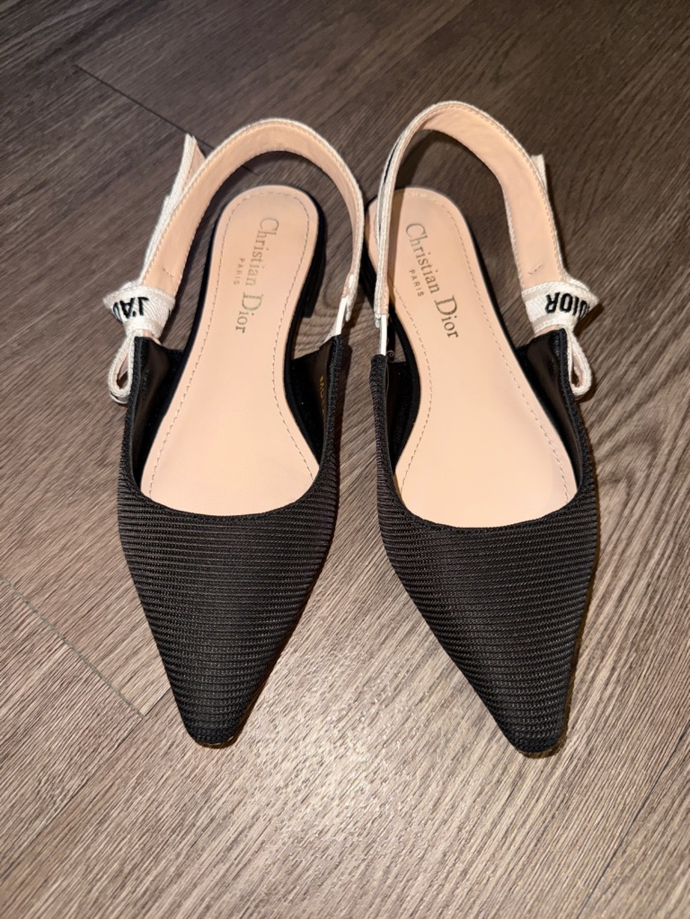 Dior Black Pointed Slingback Flats with Logo Strap